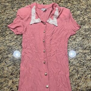 Sarah Richards Vintage Pink Crinkle Rayon Lace Collar Pearl Button Maxi Dress 14